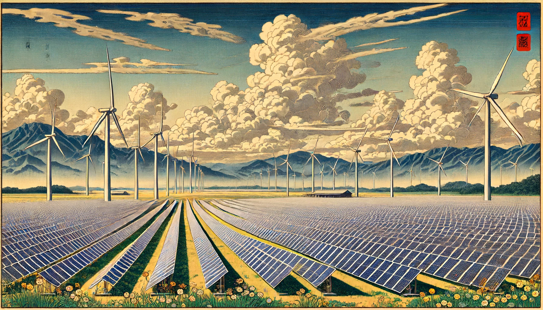 A painting of a solar farm